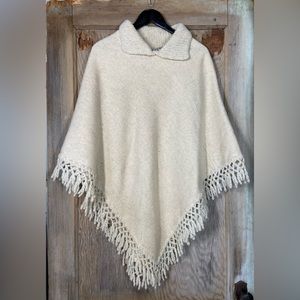 Vintage Woven Ivory Poncho with Collar and Fringe - Sz M